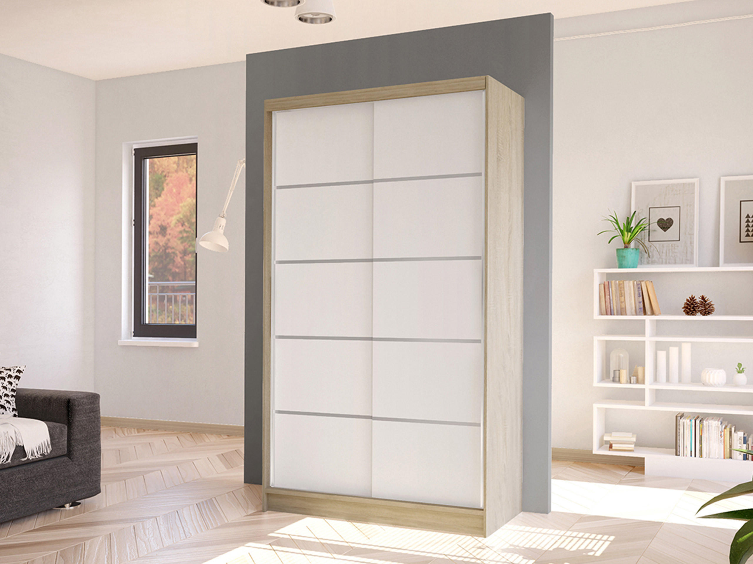 SCHWEBETÜRENSCHRANK Diego IV - Weiß/Sonoma Eiche, Holzwerkstoff/Metall (100/200/58cm) - MIRJAN24