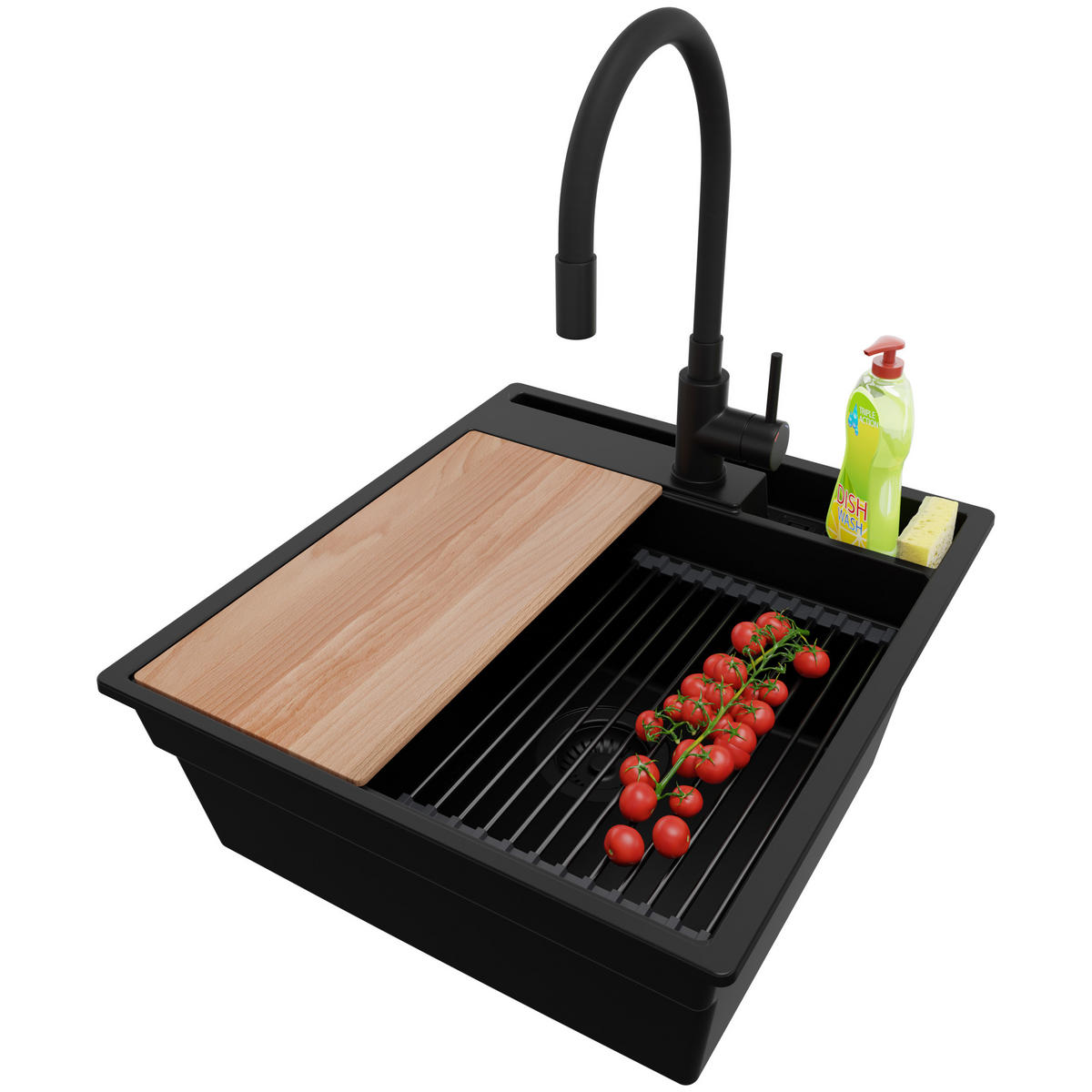 GRANITSPÜLE Oslo Pocket, 2-er set Alles Schwarz 48/53 cm 1 Becken + Küchenarmatur 40/38 cm + Ablauf-Set + Küchenzubehörset ab 50er Unterschrank - Beige/Schwarz, Kunststoff (48/20/53cm) - Primagran