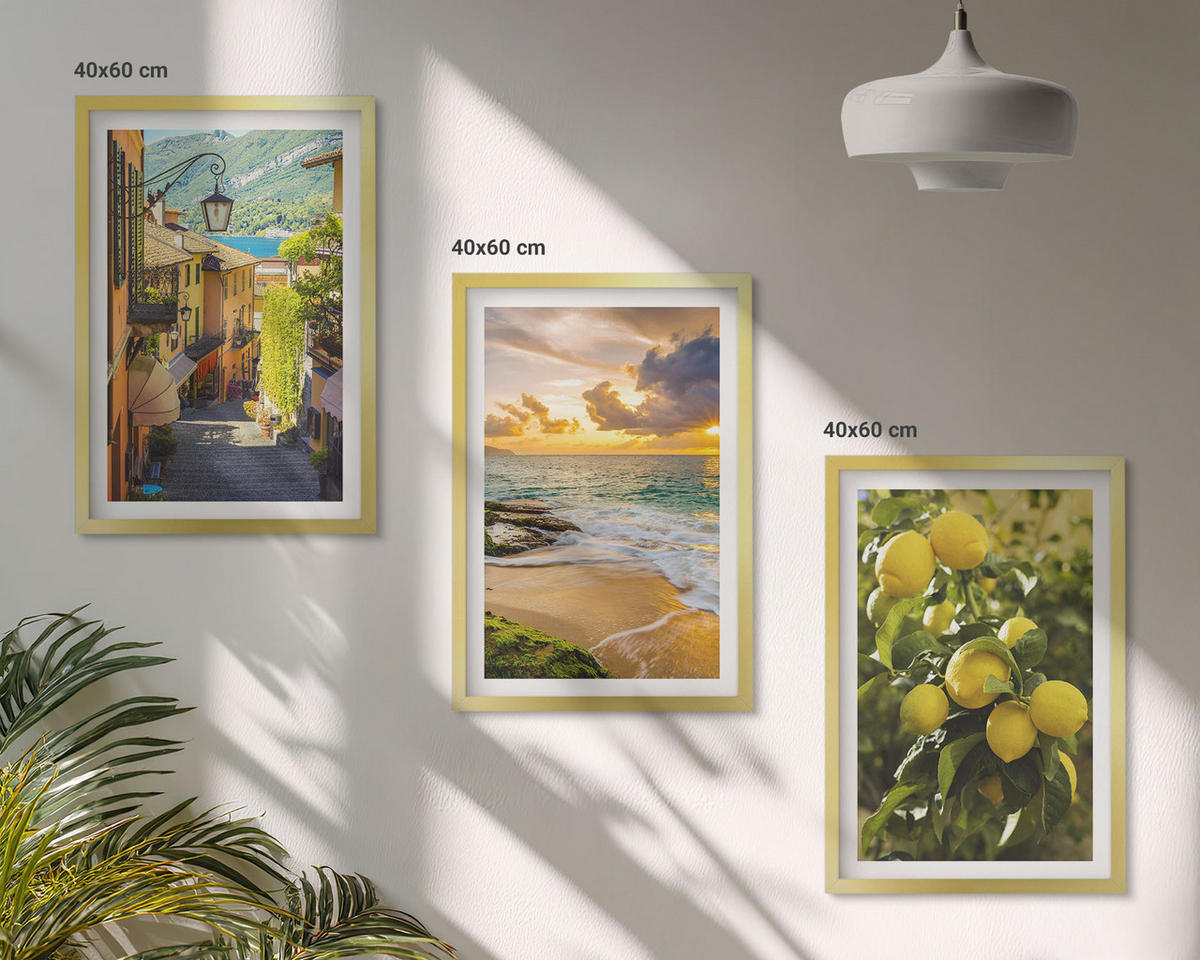 BILDER SET 3er Set - 40x60 cm Goldrahmen - Straßen, Meer, Strand, Zitrusbäume - Goldfarben, Kunststoff (40/60cm) - TULUP