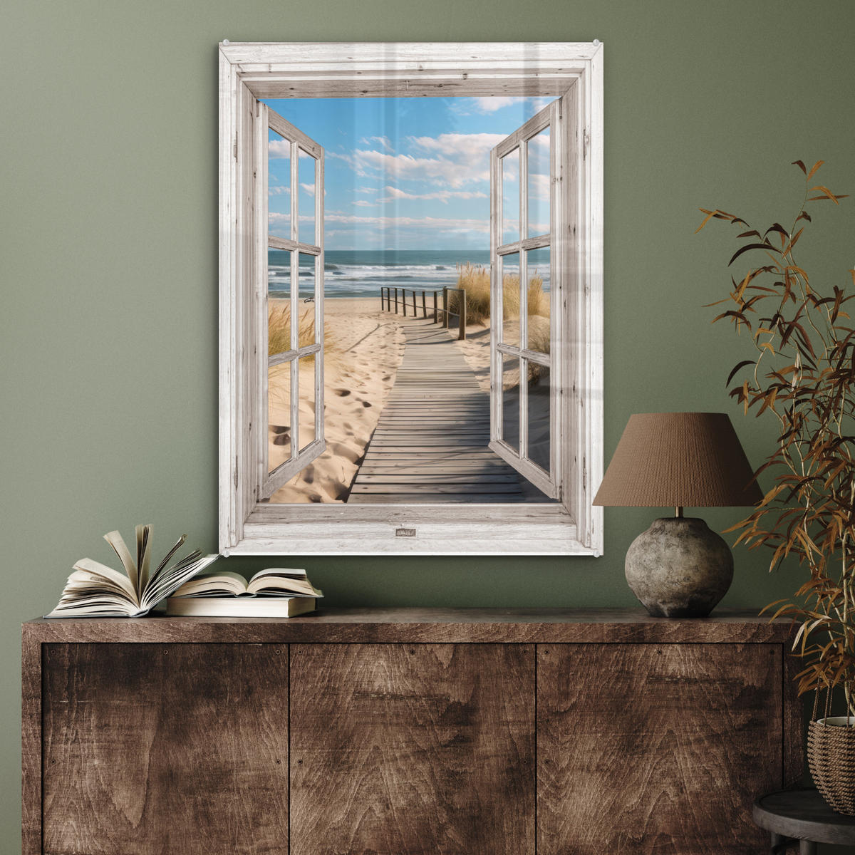 ACRYLGLASBILD Fenster - Meer - Küste - Natur - Ausblick - Strand - Wattenmeer 60x80 cm - Beige, Glas (60/80cm) - MuchoWow