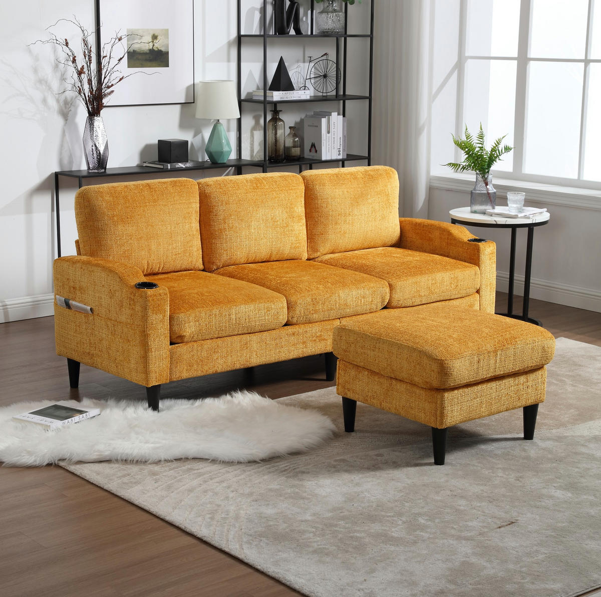 SOFA 4-Sitzer mit Hocker 196,5 x 75 x 77 cm Chenille Gelb - Gelb, Kunststoff (196.5/77/76cm) - Meubliv