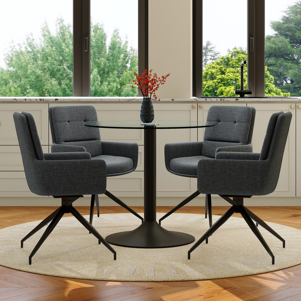 ESSGRUPPE DE-39489 5-teilig, Glastisch und 4 Drehstühlen mit Stoffbezug Dunkelgrau - Dunkelgrau, Metall (85/75/85cm) - ComfortXL