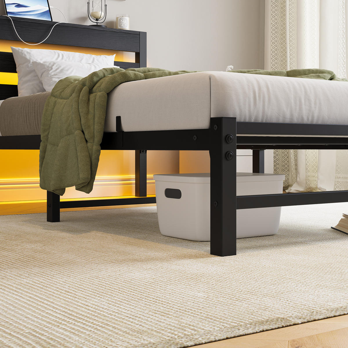 METALLBETT 90/200 cm Schwarz mit LED-Beleuchtung, USB-Ladestation und Stauraum unter dem Bett - Schwarz, Metall (90/200cm) - Oxeza