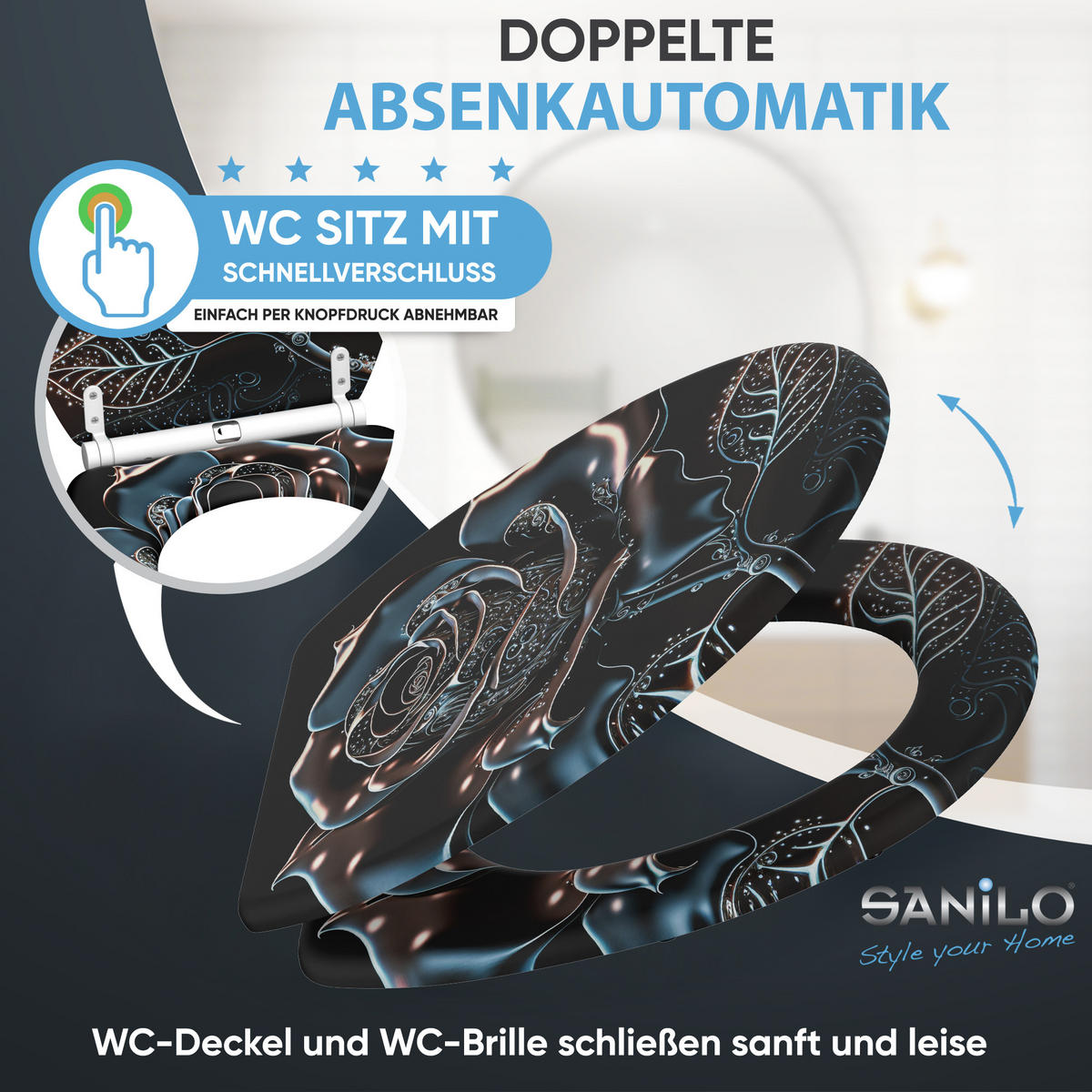WC-SITZ mit Absenkautomatik & Top Fix Black Rose - Schwarz, Holzwerkstoff (37.7/5/48cm) - Sanilo