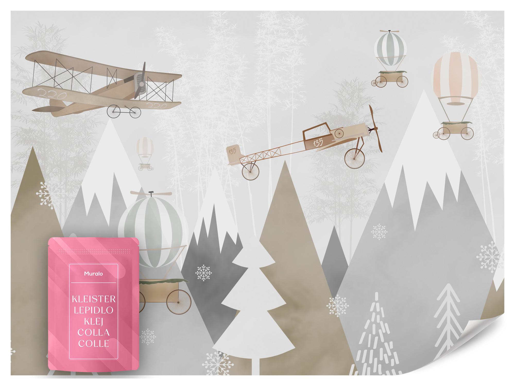 FOTOTAPETE für Kinderzimmer Flugzeuge Bergen Bäume 300x210 - Beige/Braun, Papier (300/210cm) - Muralo