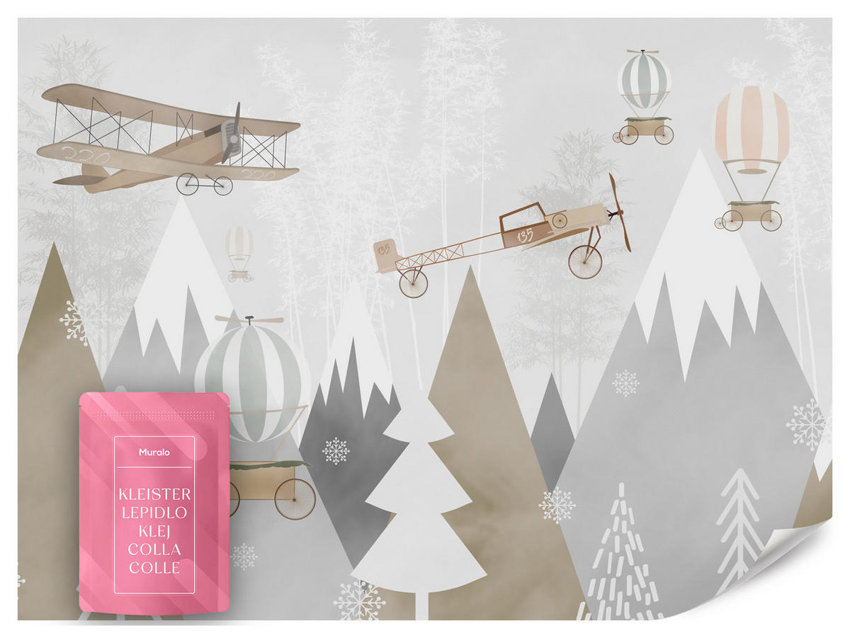 FOTOTAPETE für Kinderzimmer Flugzeuge Bergen Bäume 500x350 - Beige/Braun, Papier (500/350cm) - Muralo