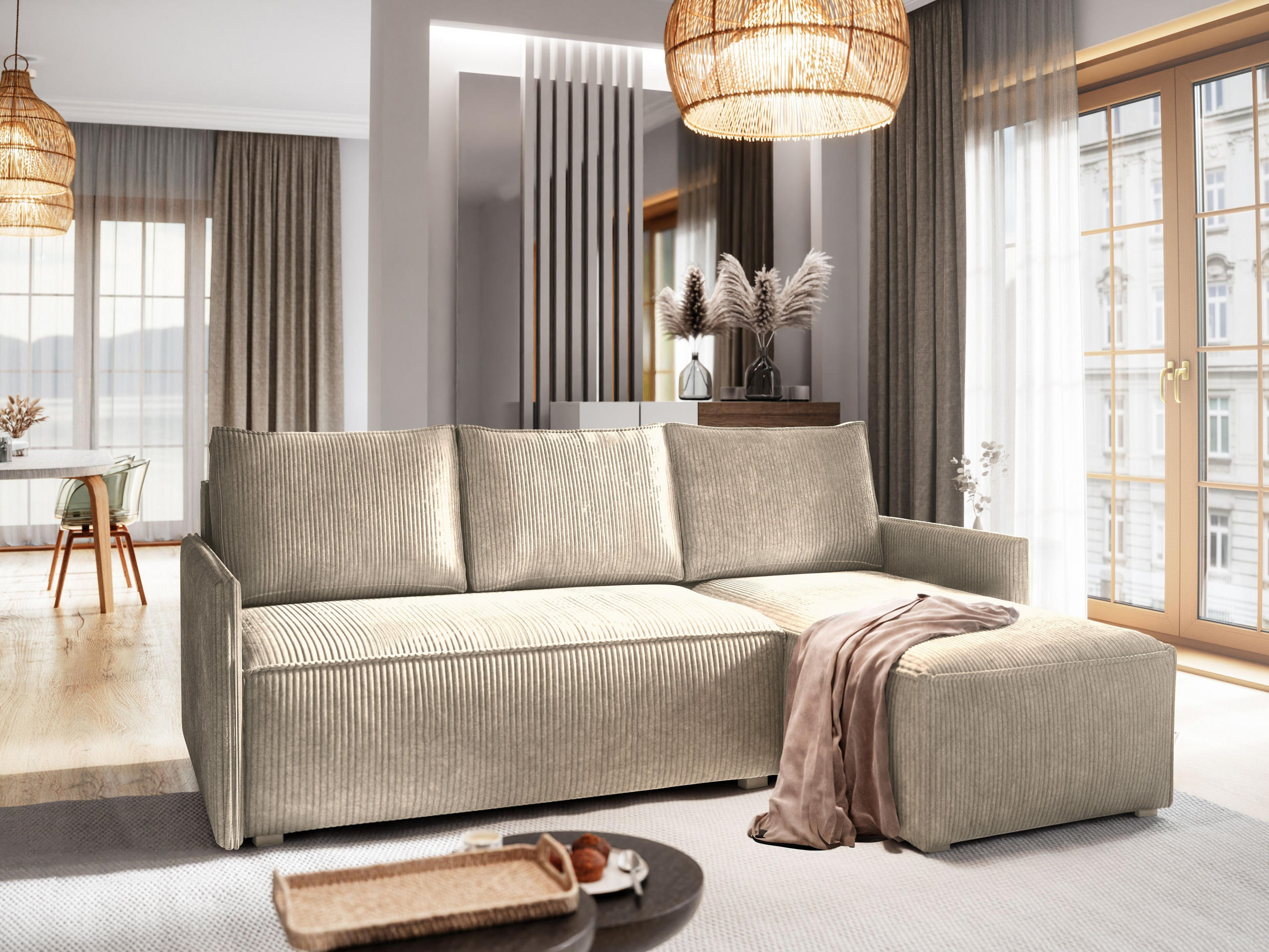 ECKSOFA PERUSI Beige Kordstoff mit Schlaffunktion - Beige, Holz (206/143cm) - MASSENO