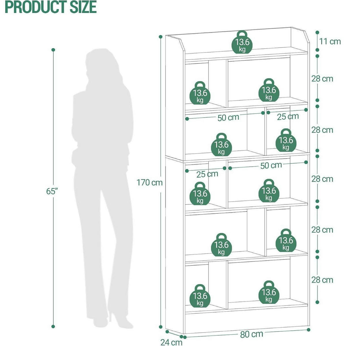 BÜCHERREGAL 6 Fach Standregal Weiß 24 x 80 x 170 cm - Weiß, Holzwerkstoff (80/170/24cm)