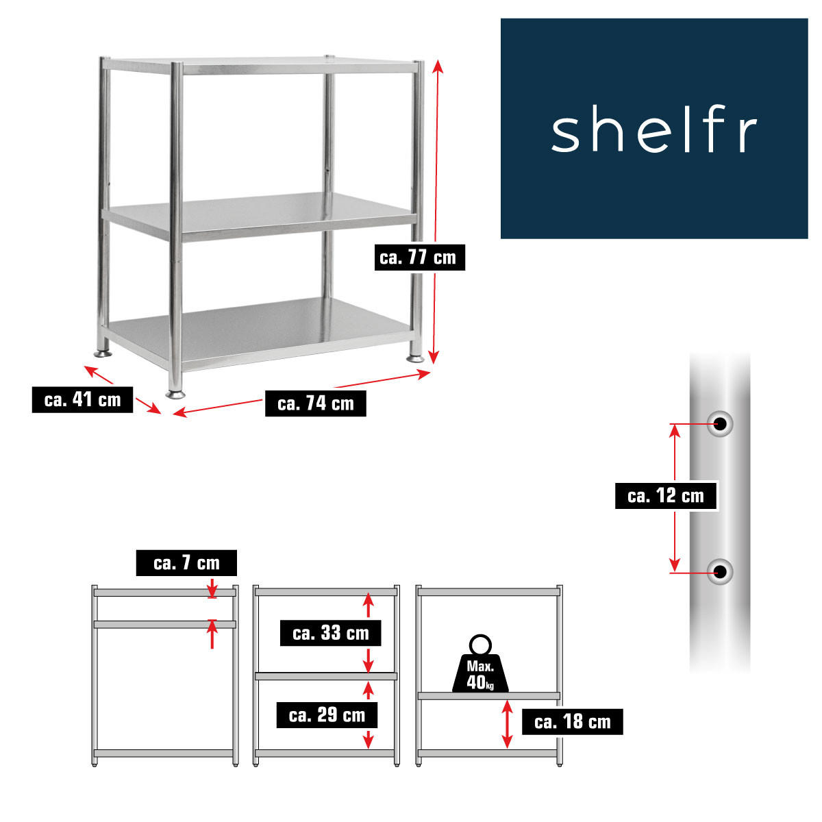EDELSTAHL-REGAL 74x41x77 cm bis 120kg mit 3 Ebenen - Grau, Metall (41/77/74cm) - shelfr