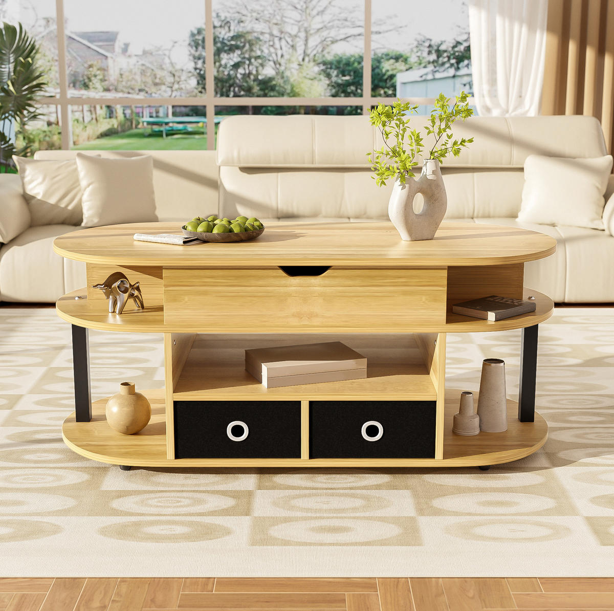 COUCHTISCH, Spanplatte mit Hebefunktion, Holzmaserung & schwarzen Stoffschubladen, 105/50/45/60 cm,Naturfarben - Naturfarben, Holzwerkstoff (105/50/60cm) - Redom