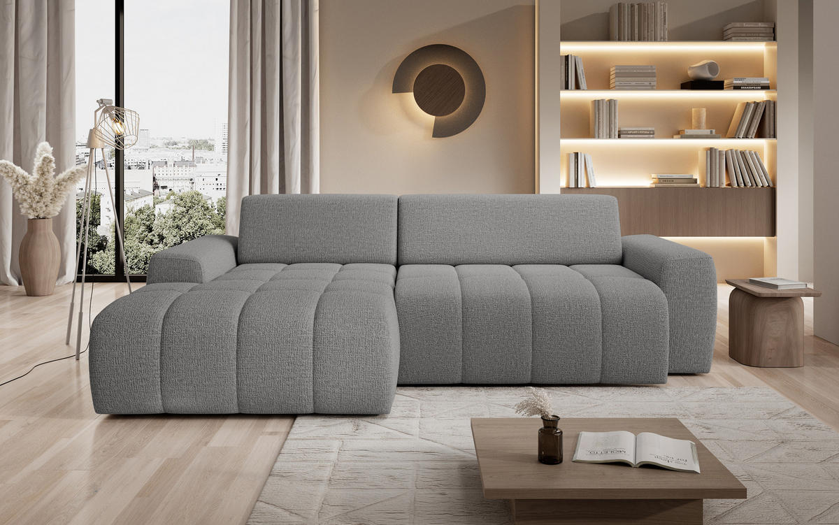 ECKSOFA Savio Freistehend, Mit Abriebfestem Kansas-Stoff, Maße 265x172x81cm, Ausziehbare Sitzfläche 206x92cm, Linke, Hellgrau - Hellgrau, Holz/Textil (172/265cm) - DomoHome
