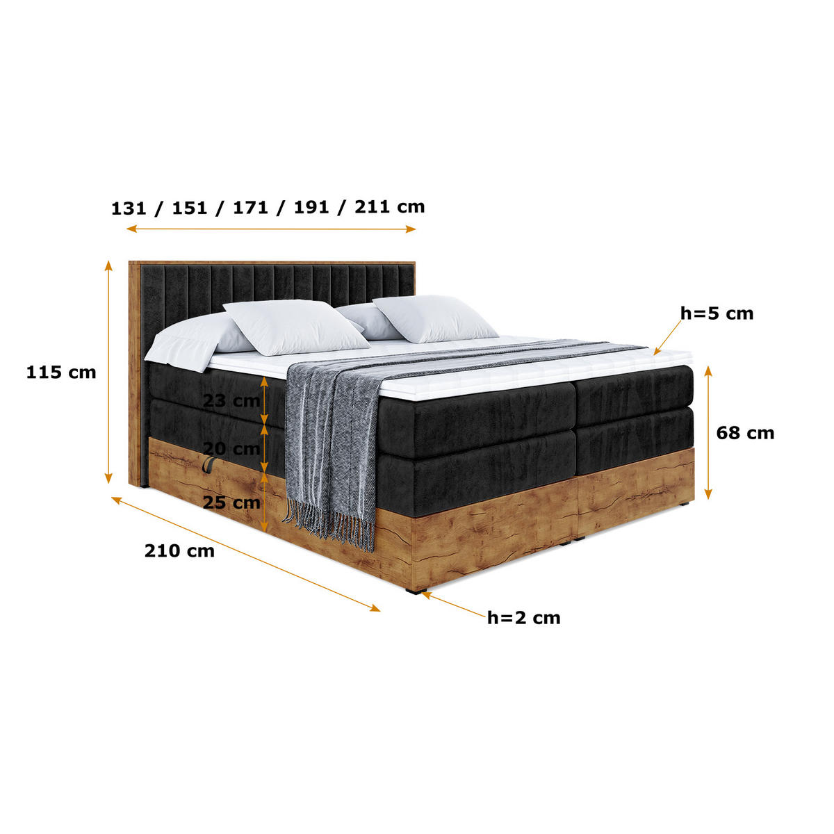 BOXSPRINGBETT mit Matratze H3|H4 und Lattenrost - LOLLI4 KING-120x200 - Schwarz Casablanca - Schwarz, Holzwerkstoff (120/200cm) - ALTDECOR