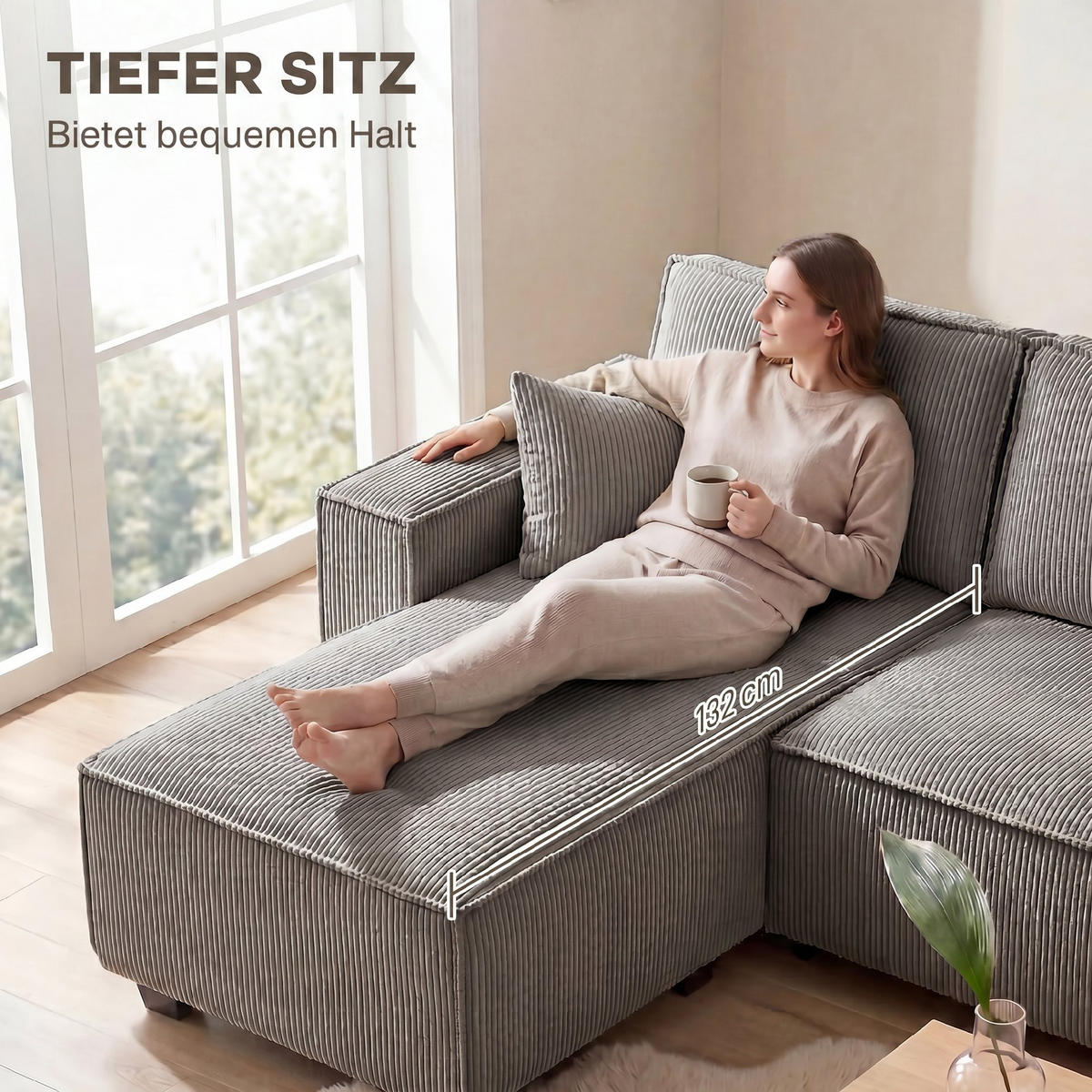ECKSOFA Cordstoff Hellgrau - Hellgrau, Holzwerkstoff/Kunststoff (154/311cm) - HOMCOM