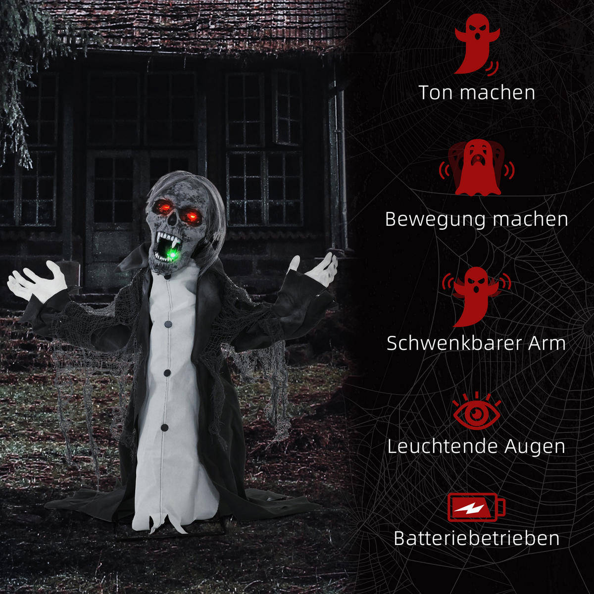 HALLOWEEN Dekoration Skelett mit Rot Leuchtende Augen, Heul-Geräusch - Grau, Kunststoff (32/75/102cm) - HOMCOM