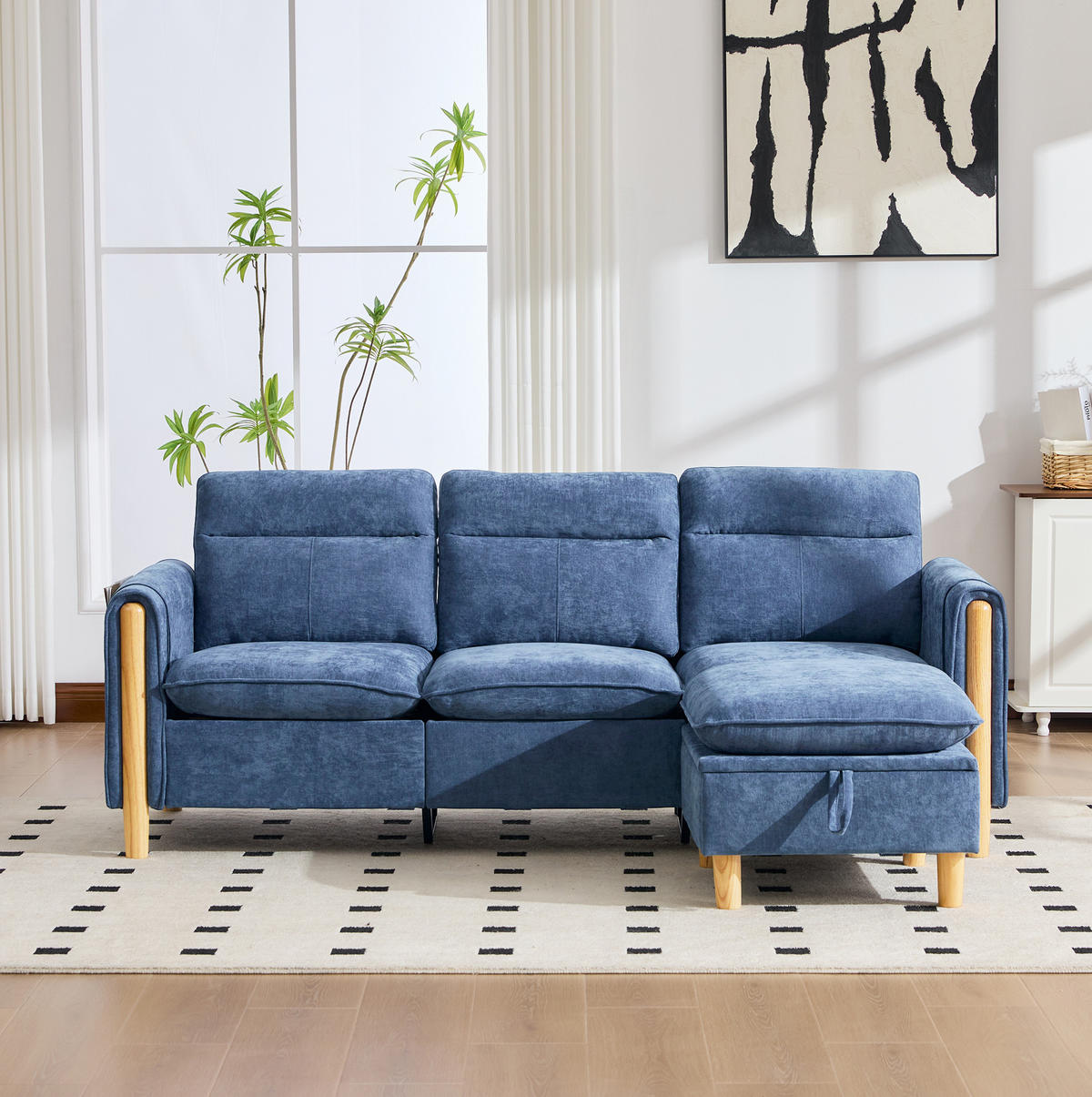 SOFA mit Stauraum-Hocker L-Form 201 cm Chenille Blau - Blau, Holz (77/201cm) - Meubliv