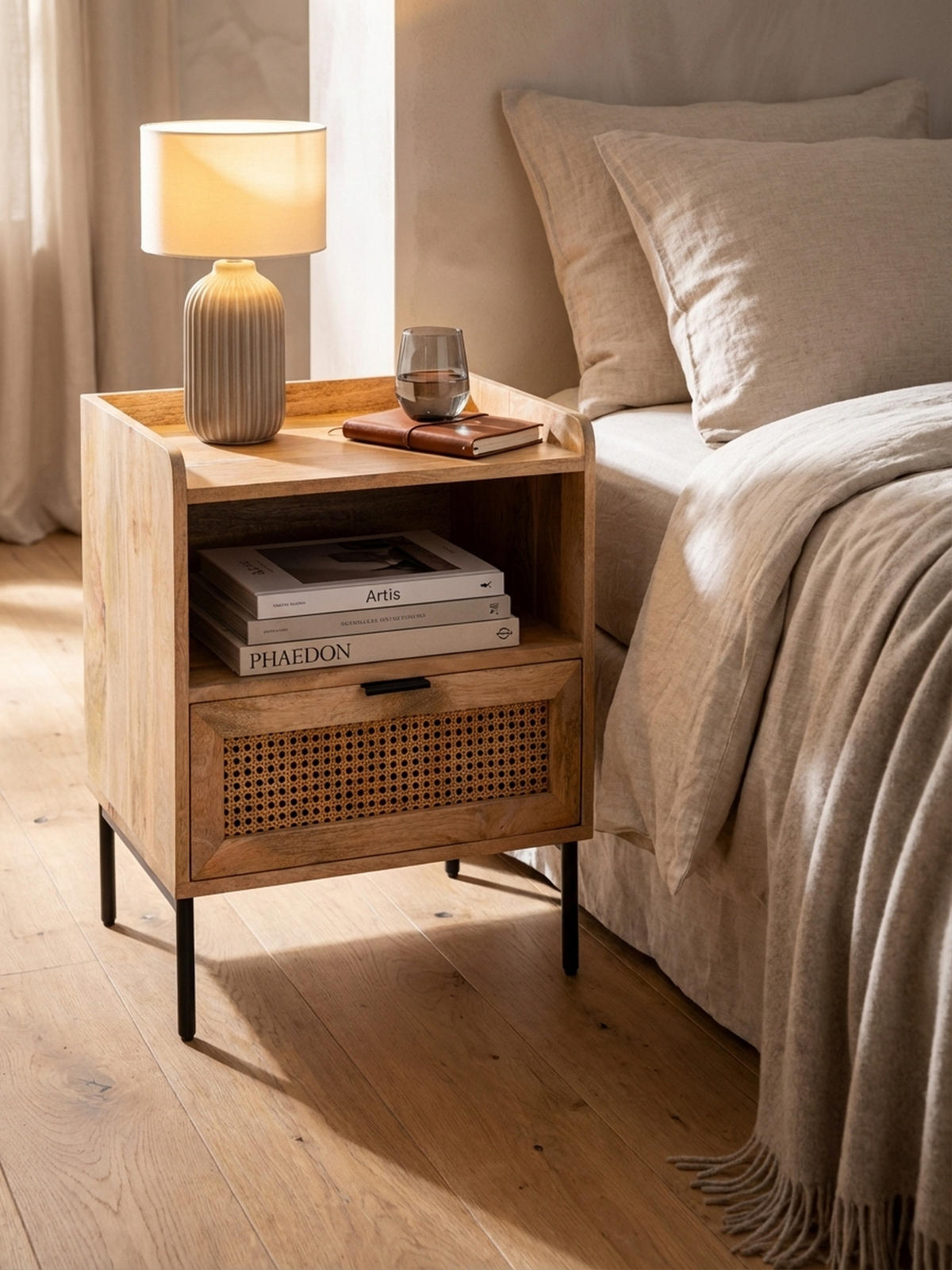 NACHTTISCH – Mango Massivholz/Rattan, 50x60x40 cm, 1 Schublade, Wiener Geflecht - Schwarz/Braun, Holz/Metall (50/60/40cm) - KADIMA DESIGN