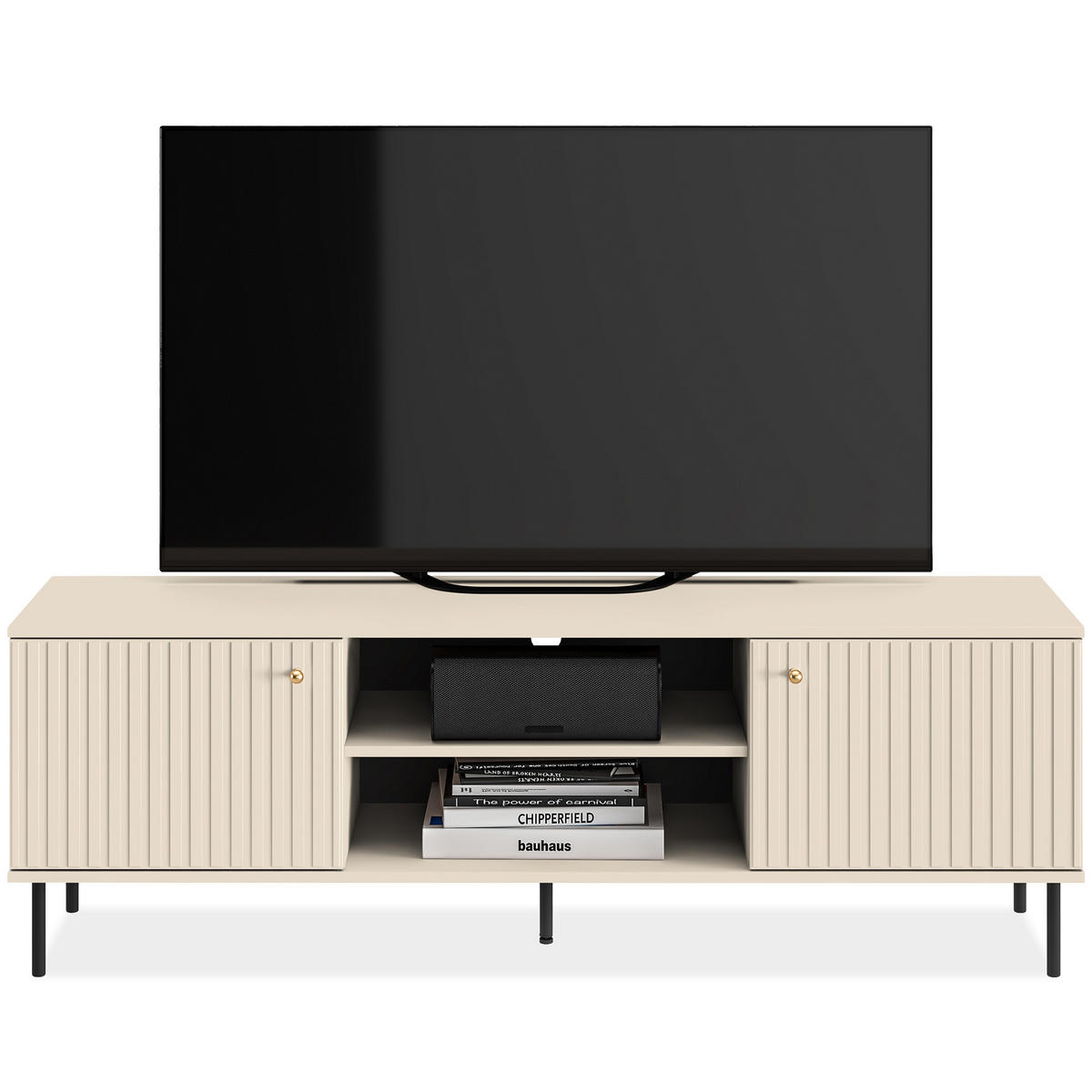 LOWBOARD DROMA mit Goldelementen, Creme - Creme/Schwarz, Holz/Metall (160/53/40cm) - KONSIMO®