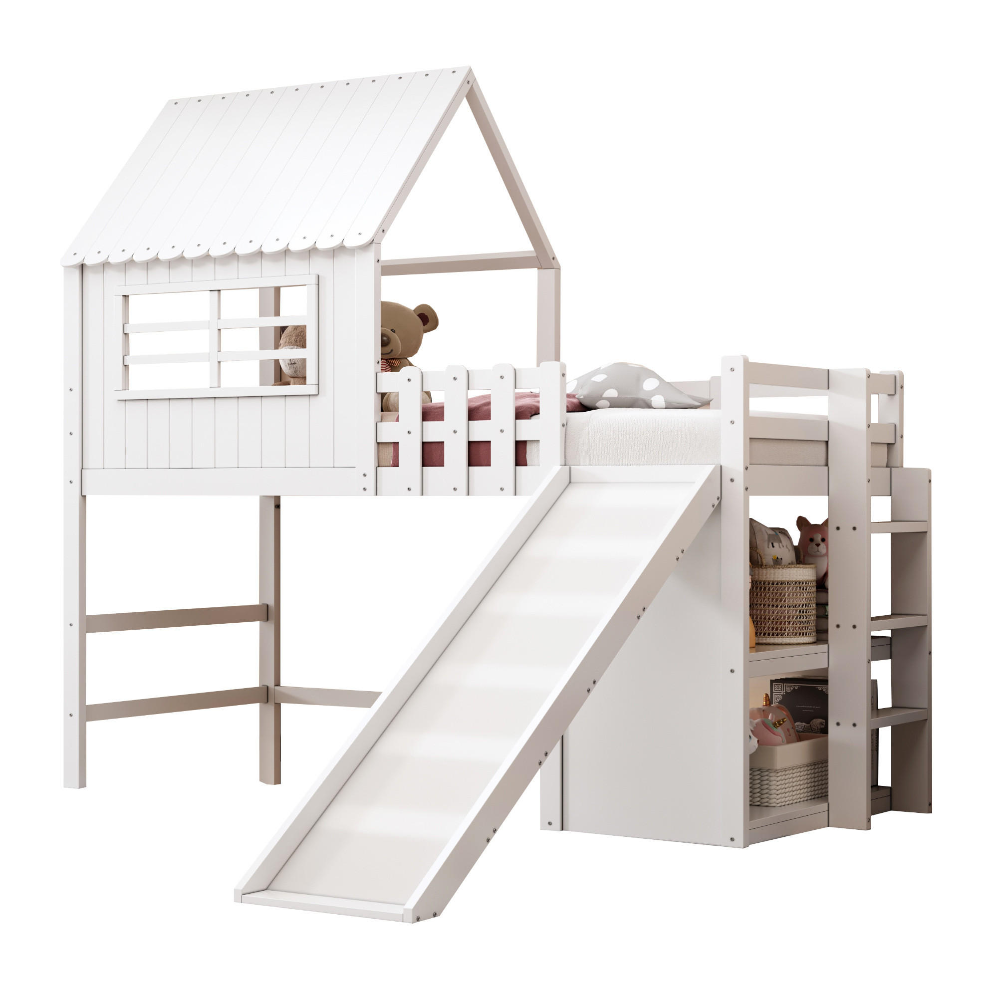 HOCHBETT 90/200 cm Weiß Dachboden-Design mit Rutsche und Stauraum - Weiß, Holz (90/200cm) - OKWISH