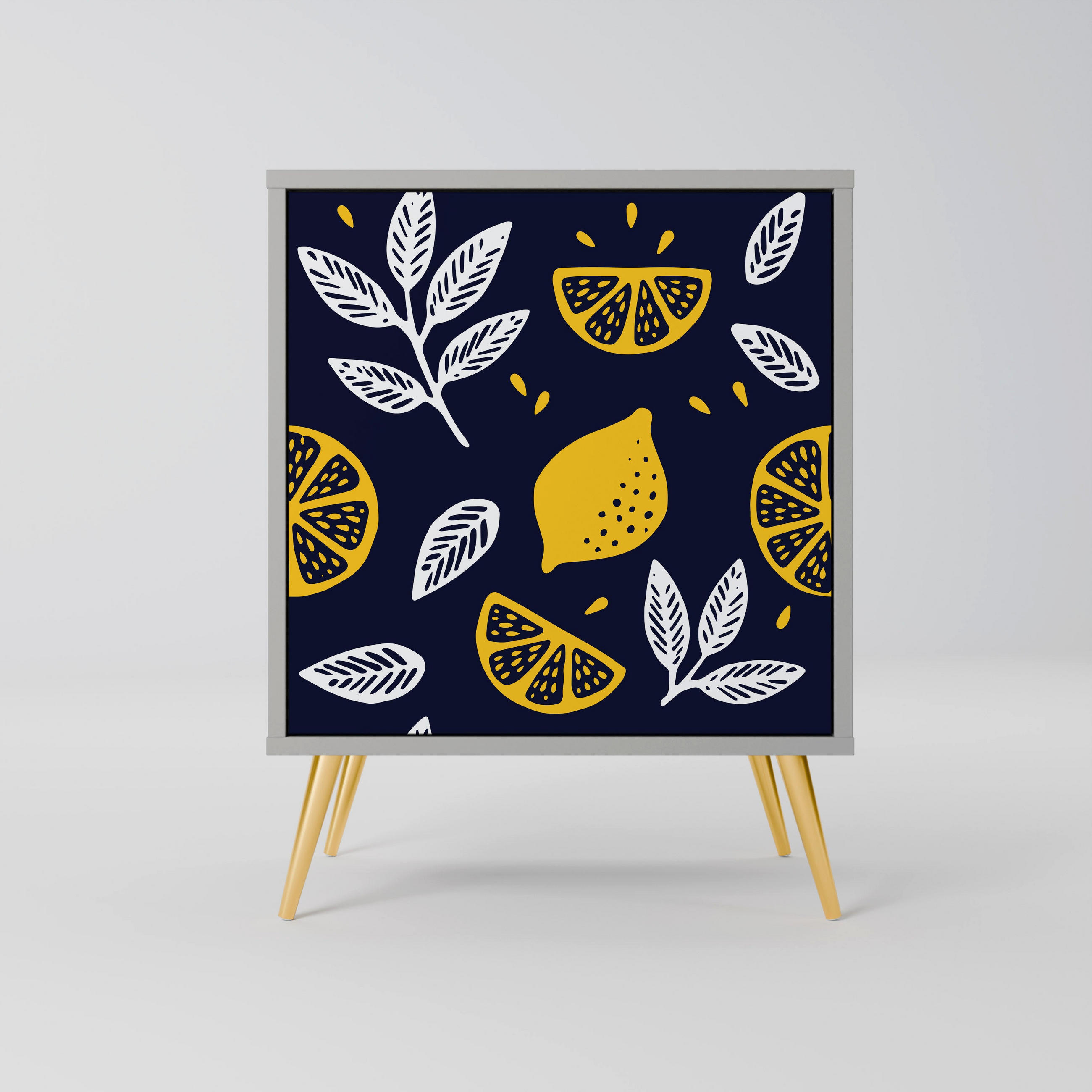 SIDEBOARD CITRUS BLACK AND WHITE, Grau, 57,5x42x75,5 cm, Goldfarbene Metallfüße - Goldfarben/Multicolor, Holzwerkstoff/Metall (57.5/75.5/42cm) - SpaceRebels
