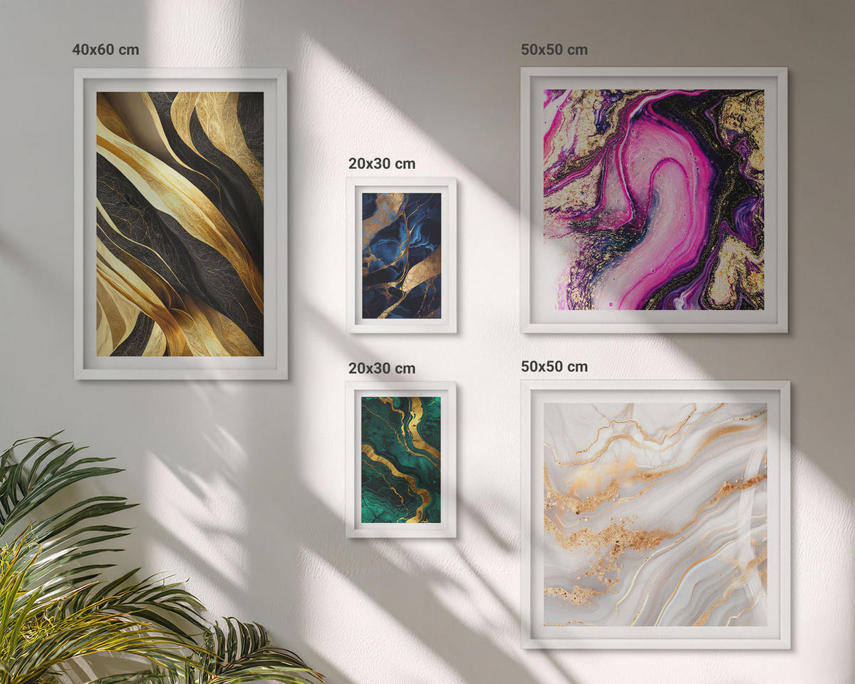 WANDBILDER 5er-Set - 50x50 cm & 20x30 cm & 40x60 cm Weißer Rahmen - Abstrakter Marmor mit Farben - Weiß, Kunststoff (40/60cm) - ArtPrintCave