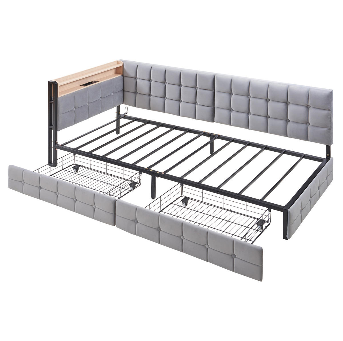 POLSTERBETT mit LED-Beleuchtung 90/200 cm mit 2 Schubladen und gepolstertem Kopfteil - Grau, Textil (90/200cm) - BEAOK