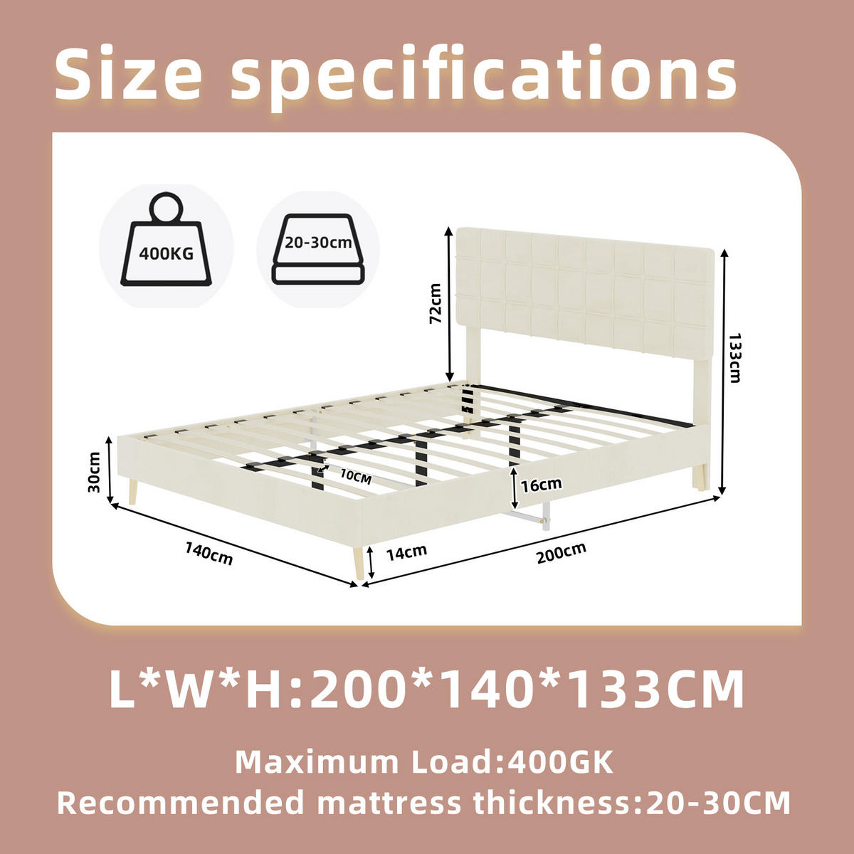 POLSTERBETT 140/200 cm DE-32943 mit Karosteppung-Kopfteil Beige - Beige, Metall (140/200cm) - ComfortXL