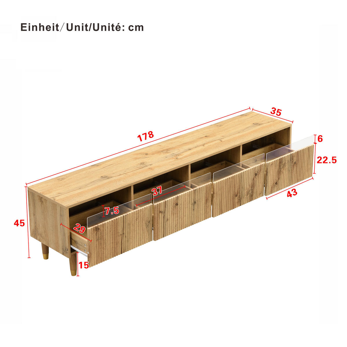 TV-ELEMENT mit Couchtisch - Kombination 2er-Set mit LED-Beleuchtung 4-türig Holzfarben-Gold - Naturfarben, Holzwerkstoff (178/45/35cm) - OKWISH