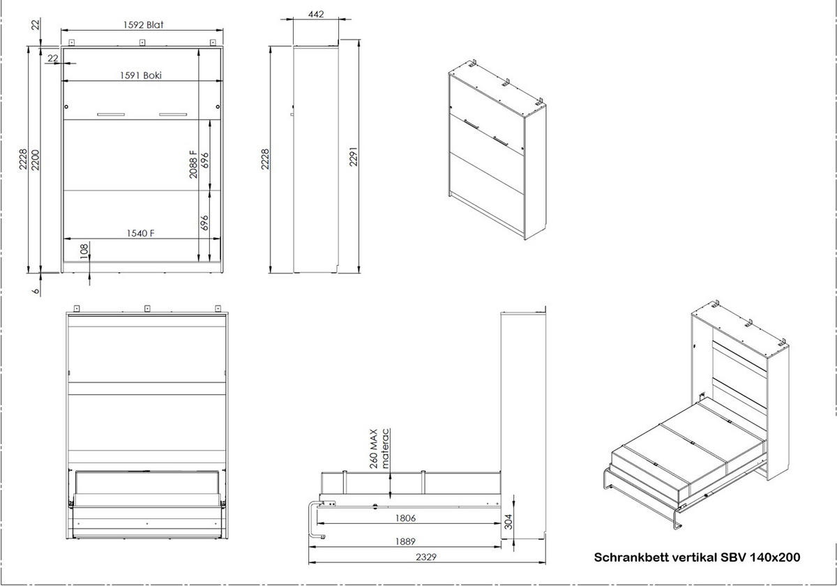 SCHRANKBETT Wandklappbett vertikal SBV 140x200 mit Gasdruckfedern - Weiß - Weiß, Holzwerkstoff (140/200cm) - QMM TraumMöbel