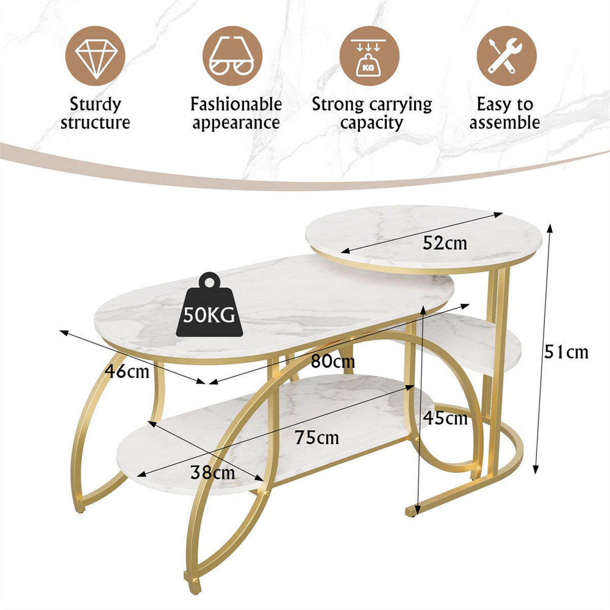 COUCHTISCH 2er-Set - Ovaler und Runder Beistelltisch mit Ablage in Marmoroptik - Weiß und Gold - Goldfarben, Holzwerkstoff (46/80/45cm) - DELFA