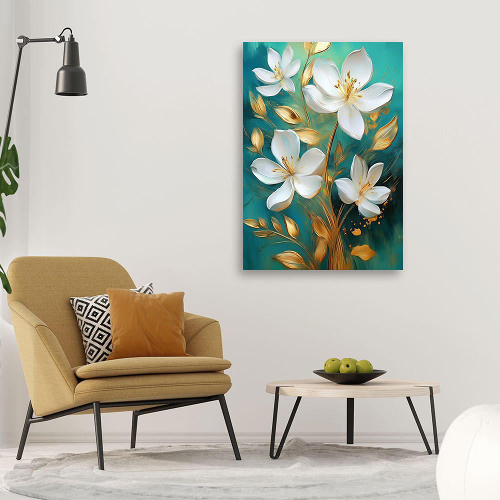 WANDBILD bemalte weiße blumen auf türkisfarbenem hintergrund - Türkis, Textil (40/60cm) - Feeby