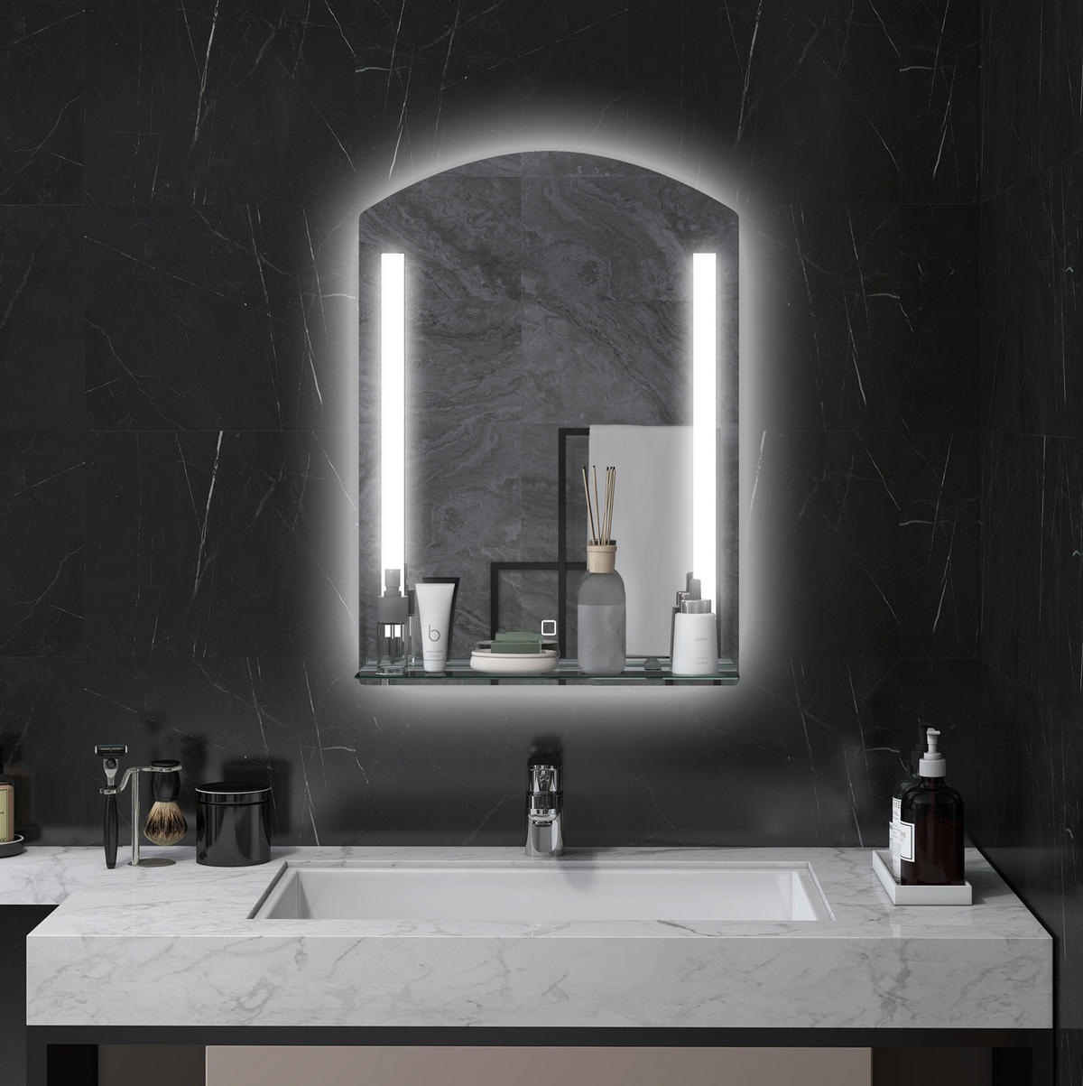 WANDSPIEGEL 50/12/70 cm silber aus Tempered Glass mit LED - Silberfarben, Glas (12/70/50cm) - OKWISH