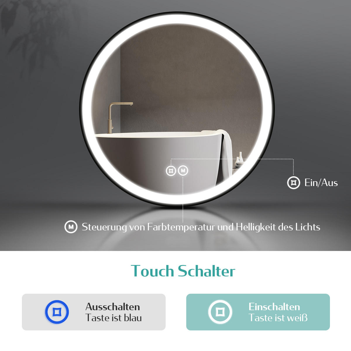 BADSPIEGEL Rund mit Touch-Schalter Beleuchtung mit Hängeriemen Schwarz ф70 cm - Schwarz, Glas (70/3/70cm) - EMKE