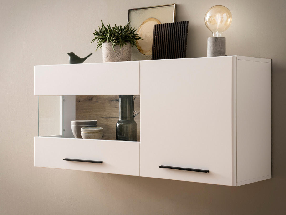 HÄNGEVITRINE weiß matt, Evoke Eiche, Vitrine hängend 120 cm, Soft-Close-Funktion - Eichefarben/Schwarz, Glas/Holzwerkstoff (120/54/35cm) - Furn.Design
