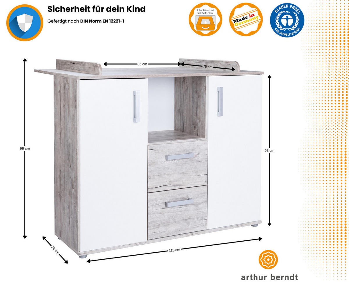 WICKELKOMMODE Bente abnehmbarer Aufsatz - Eichefarben/Silberfarben, Holzwerkstoff/Kunststoff (115/99/75cm) - arthur berndt