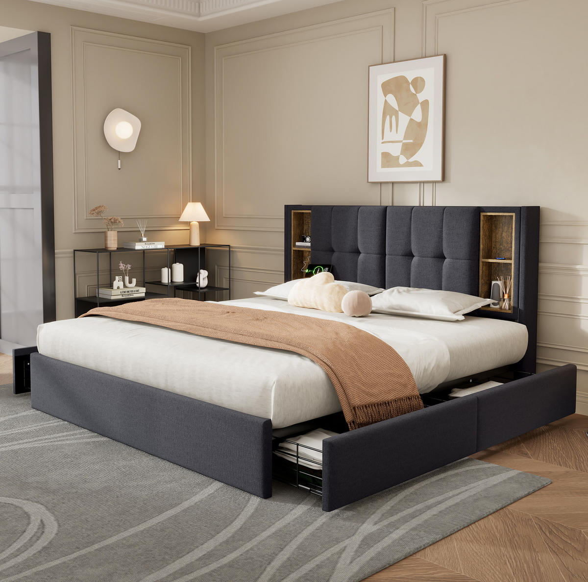 BETT mit 4 Schubladen und Ladestation 160x200 cm Leinen Grau - Grau, Metall (160/200cm) - Meubliv