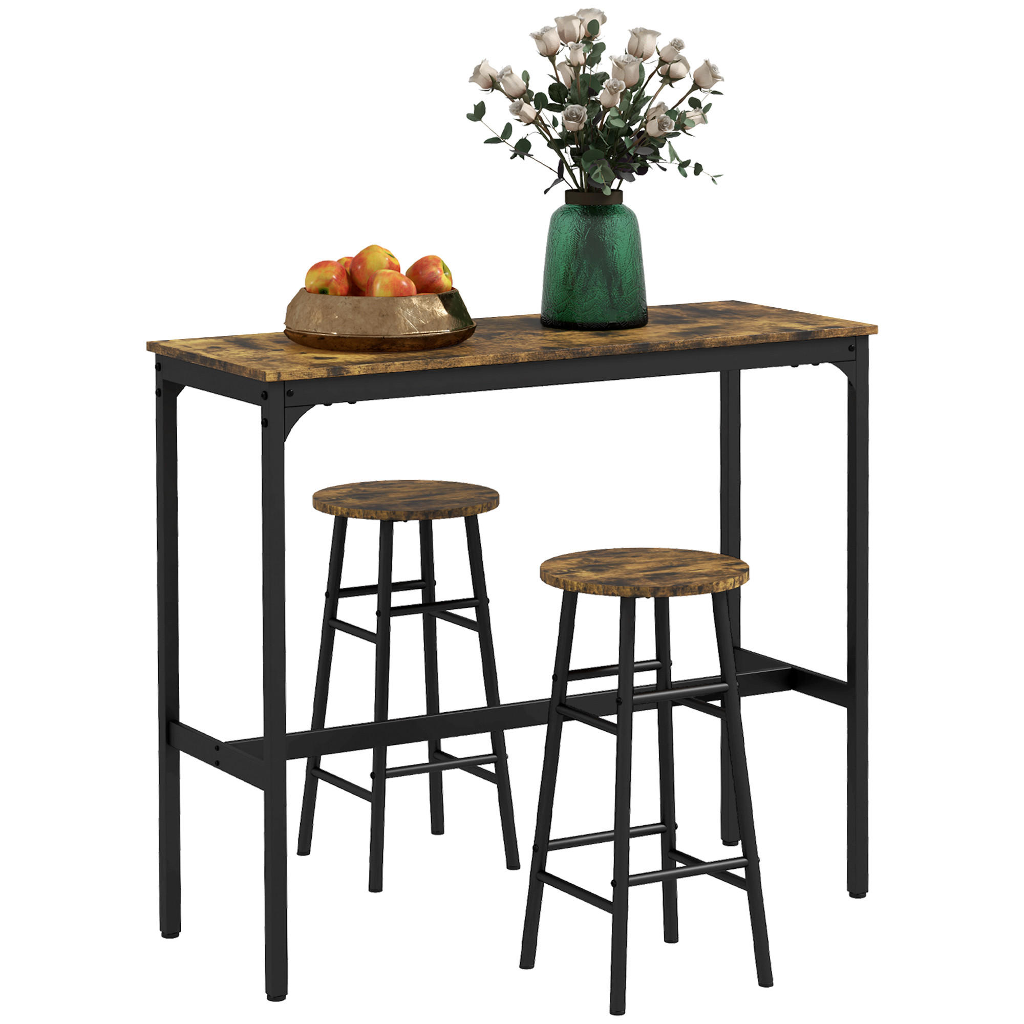 BARTISCH-SET 3-tlg. DE-08020 Industriedesign, mit 2 Barhockern Braun - Braun, Metall (40/90/105cm) - ComfortXL