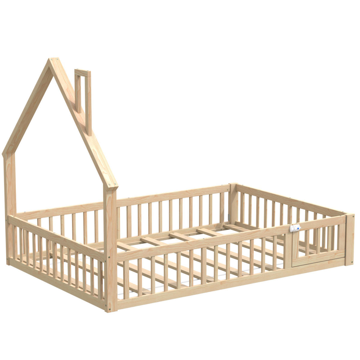 HAUSBETT 140/200 cm aus Kiefernholz – mit Dachaufbau und Sicherheitsgitter - Naturfarben, Holzwerkstoff (140/200cm) - BEAOK