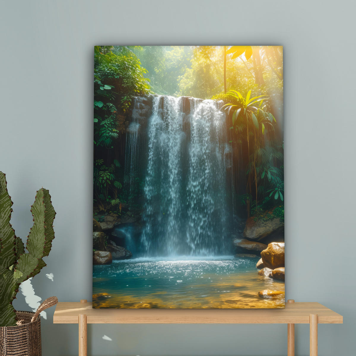 LEINWANDBILD Wasserfall - Dschungel - Sonne - Grün - Natur 60x80 cm - Grün, Textil (60/80cm) - MuchoWow