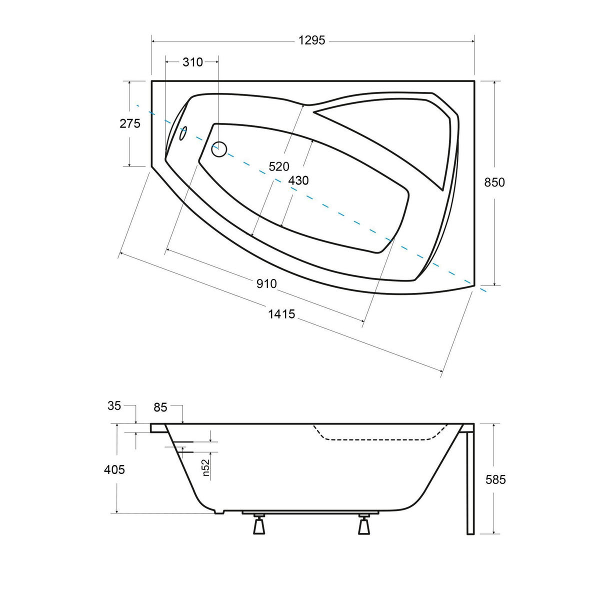 BADEWANNE Eckwanne RIMA 130/85 Rechts mit Styro und weißer Kopfstützen Ablauf Füße - Weiß, Kunststoff (85/58.5/130cm) - bad land