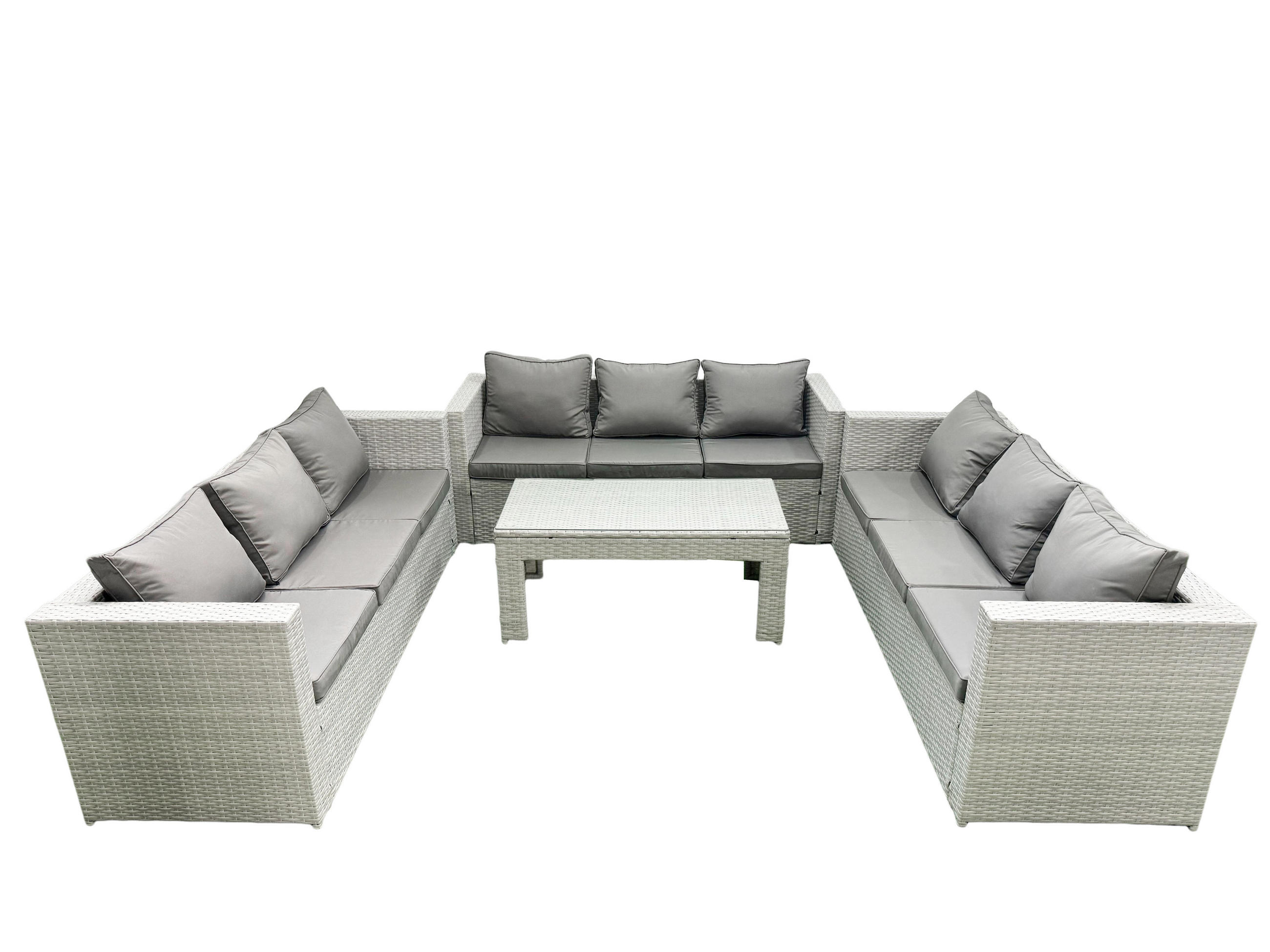 BALKONMÖBEL-SET Polyrattan Hellgrau-Mix 9-teilig - Hellgrau/Grau, Glas/Kunststoff - Fimous