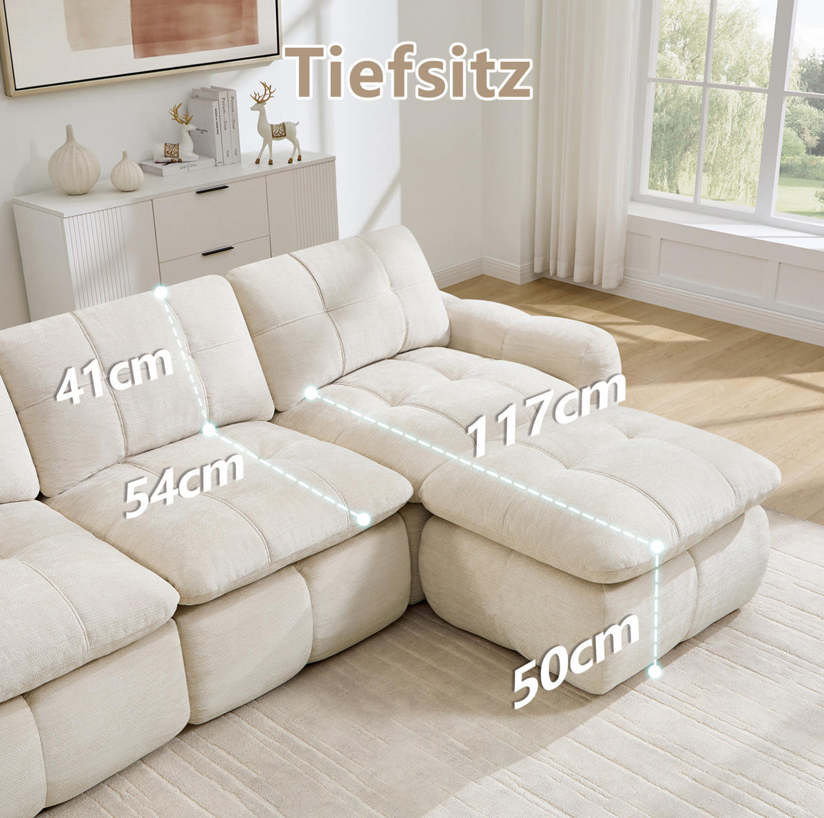 SOFA 194/160/68 cm in Beige mit Chenille-Bezug und Hocker - Beige, Textil (160/68/194cm) - Flora Grace