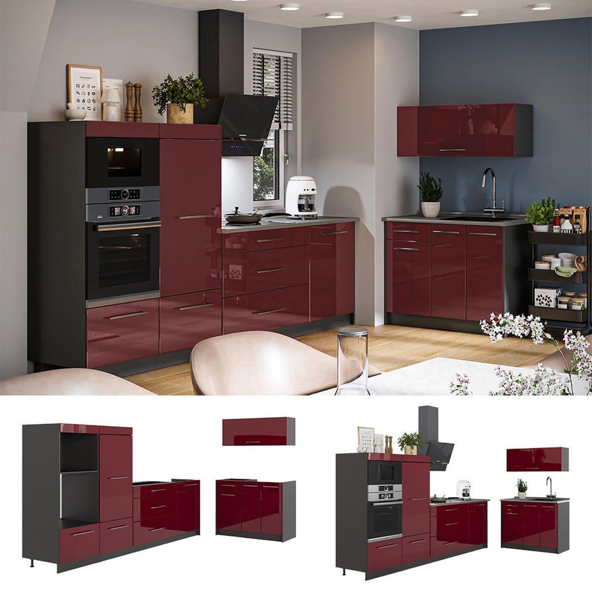 BUCĂTĂRIE Fame-Line, Bordeaux lucios ridicat/antracit, 380 cm, AP Marmură - bordo/antracit, compozit lemnos (380/153.6/60cm) - Vicco