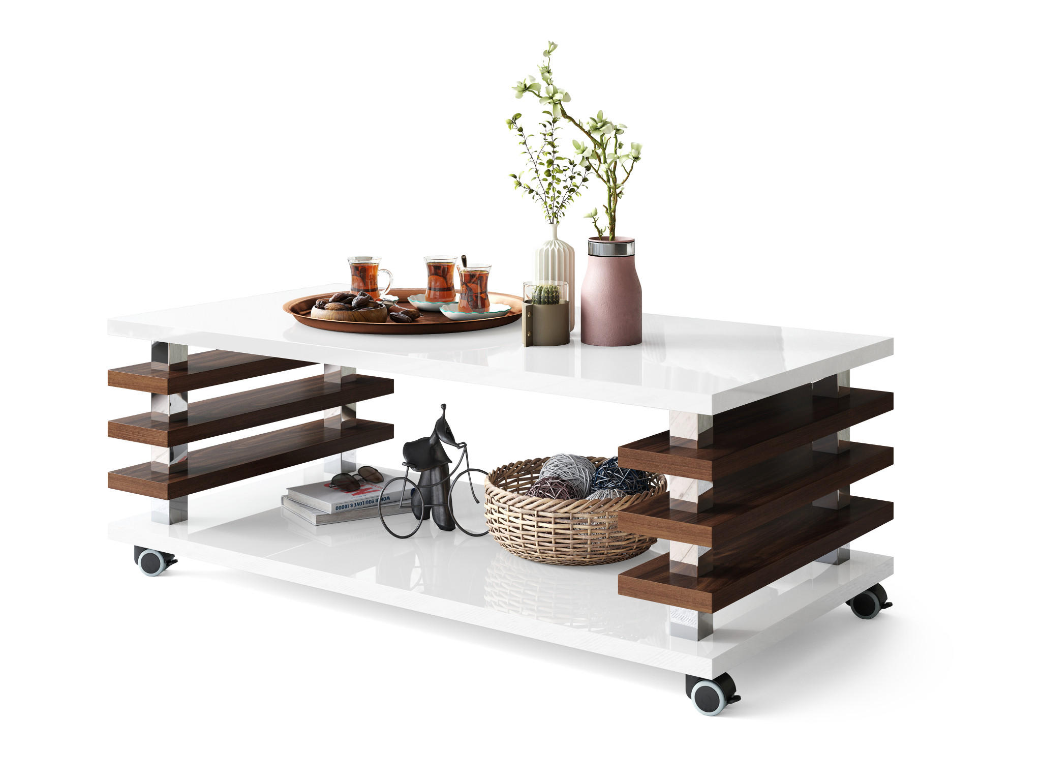 COUCHTISCH rechteckig Weiß Hochglanz - Nussbaum Ablage Rollen - Weiß Hochglanz/Nussbaumfarben, Holzwerkstoff (60/120/45cm) - designimpex