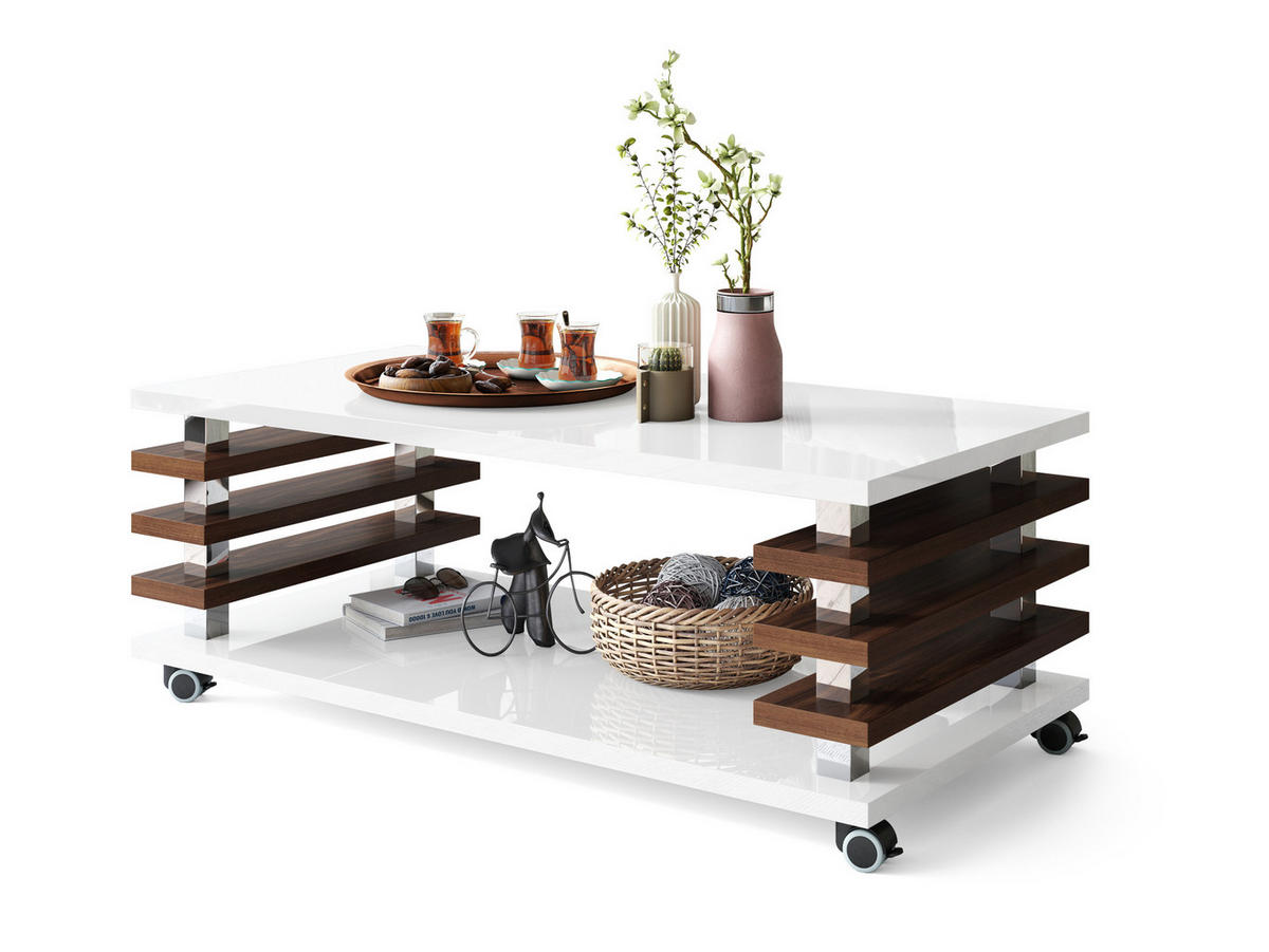 COUCHTISCH rechteckig Weiß Hochglanz - Nussbaum Ablage Rollen - Weiß Hochglanz/Nussbaumfarben, Holzwerkstoff (60/120/45cm) - designimpex