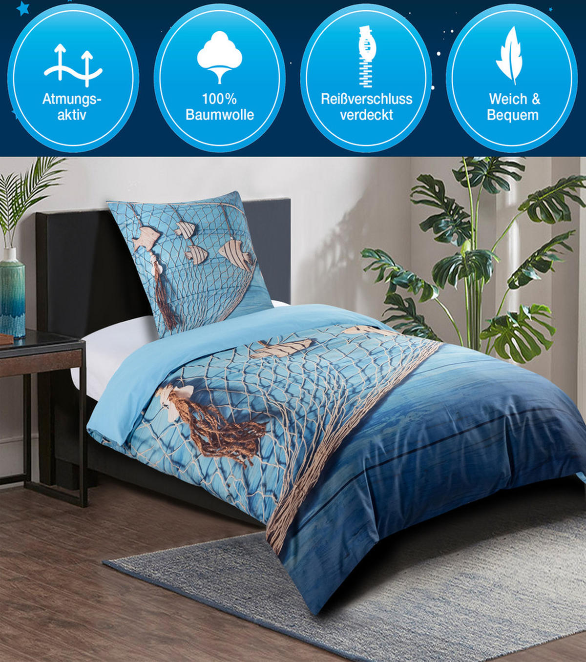 BETTWÄSCHE 2-teilig Seefahrt - Blau, Naturmaterialien (135/200cm) - Sanilo