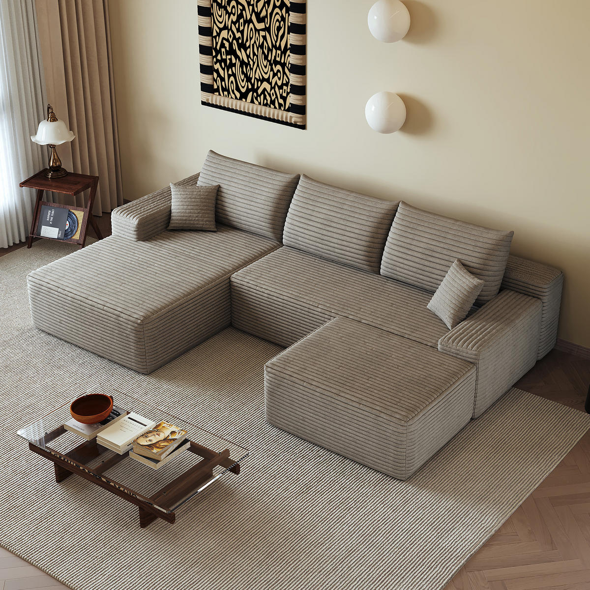 WOHNLANDSCHAFT DE-34857 U-Form 2-Sitzer Chaiselongue links Camel - Sandfarben, Textil (175/83/270cm) - ComfortXL