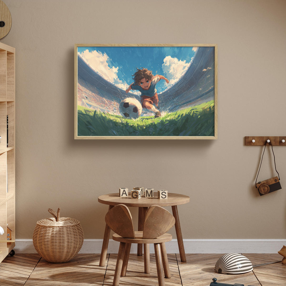 NACHTTISCHLAMPE MIT AKKU Stadion - Fußballer - Ball 100x70 cm - Blau, Holzwerkstoff (8/100/70cm) - OnlyWow