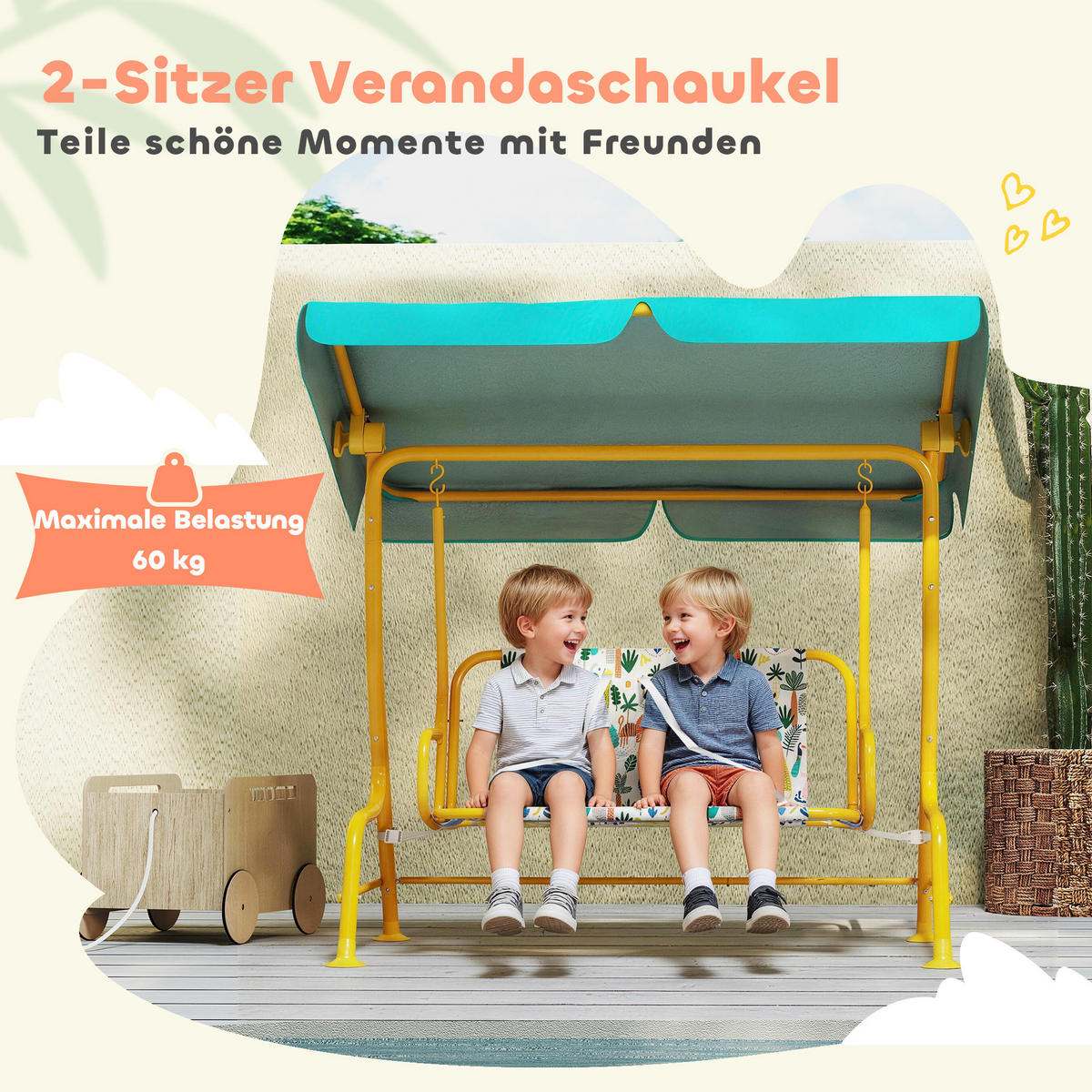 KINDER Hollywoodschaukel, 2-Sitzer Kinderschaukel mit verstellbarem Sonnendach - Gelb/Grün, Textil/Metall (75/120/112cm) - AIYAPLAY