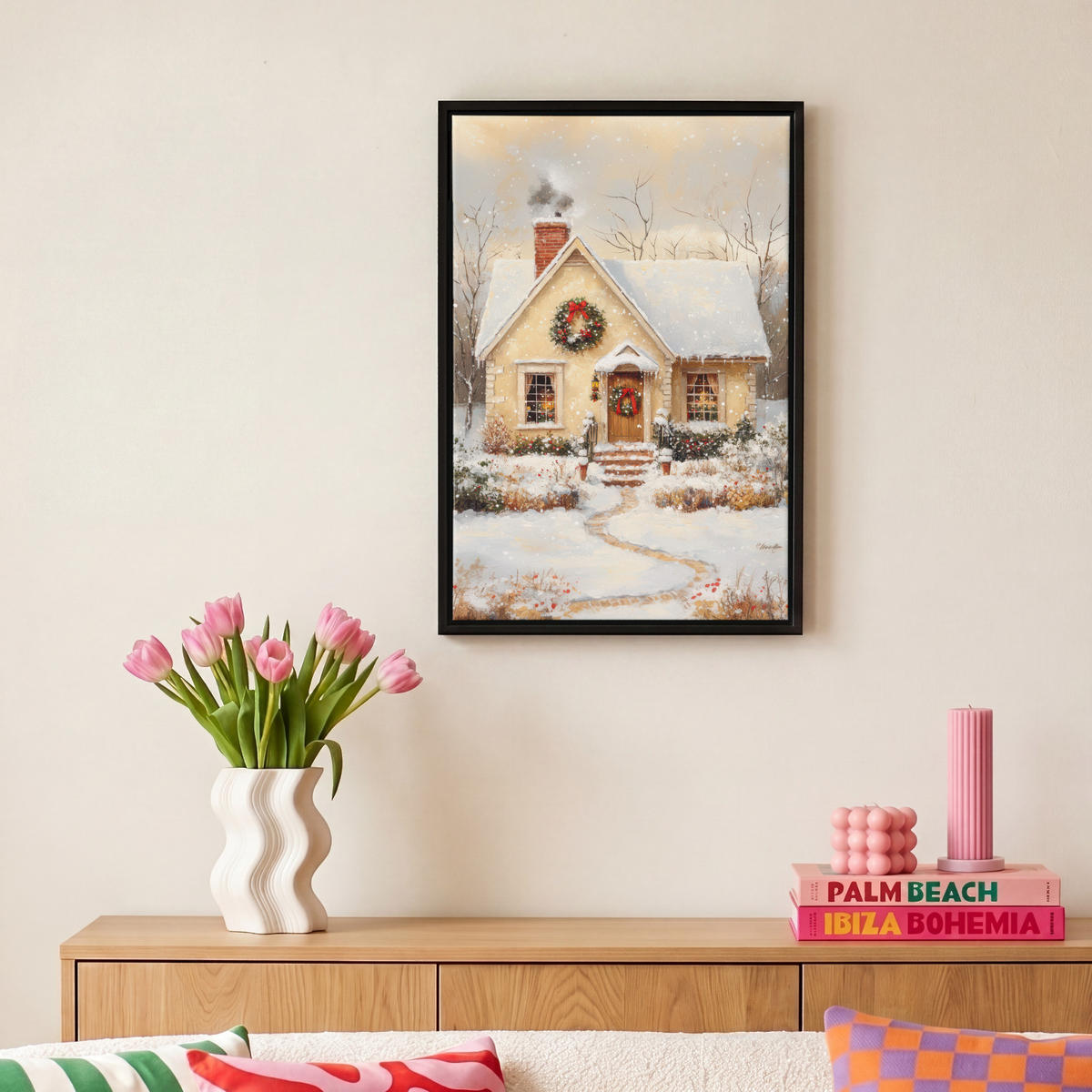 LEINWAND Bilder mit Rahmen - Weihnachten - Zuhause - Winter - Schnee - 20x30 - Creme, Textil (20/30cm) - MuchoWow