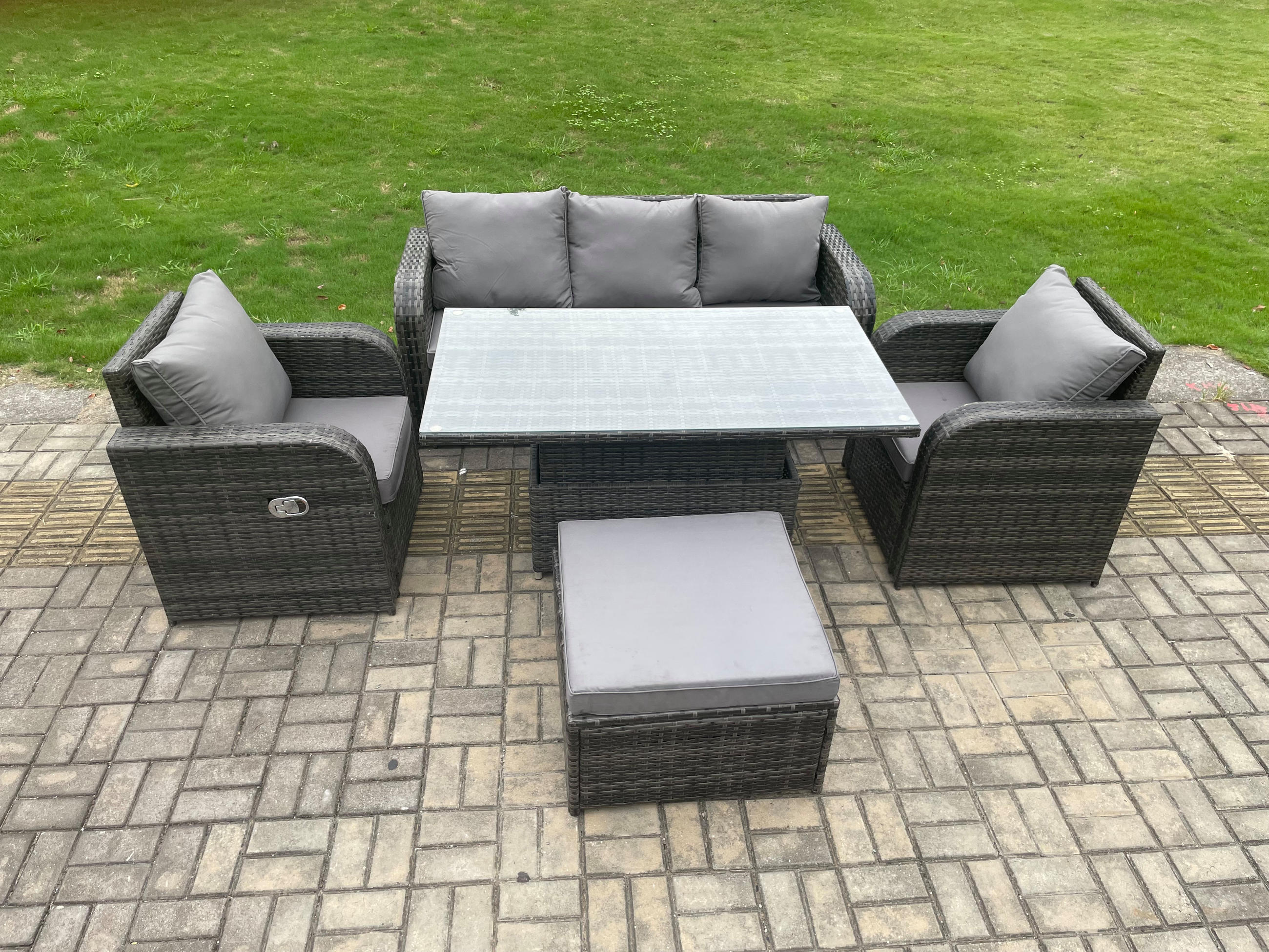 SITZGRUPPE Polyrattan 6-Sitzer - Dunkelgrau/Grau, Glas/Kunststoff - Fimous